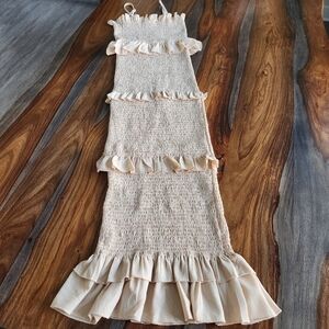 Maxi Teired Tube Dress, Beige, Adjustable Spaghetti Straps, Ruffled, Small